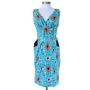 Victory Parade Bettie's Bombshells Atomic Sunburst Print Retro Sheath Dress Aqua